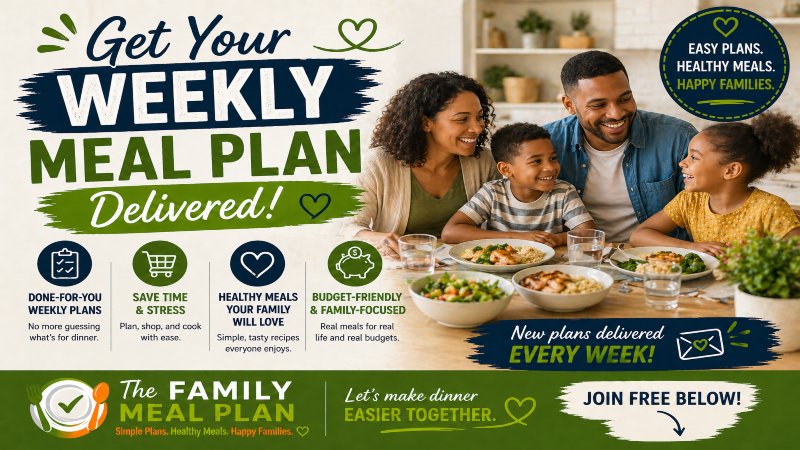 family meal plan email signup image showing families enjoying simple healthy dinners with weekly meal plan system.