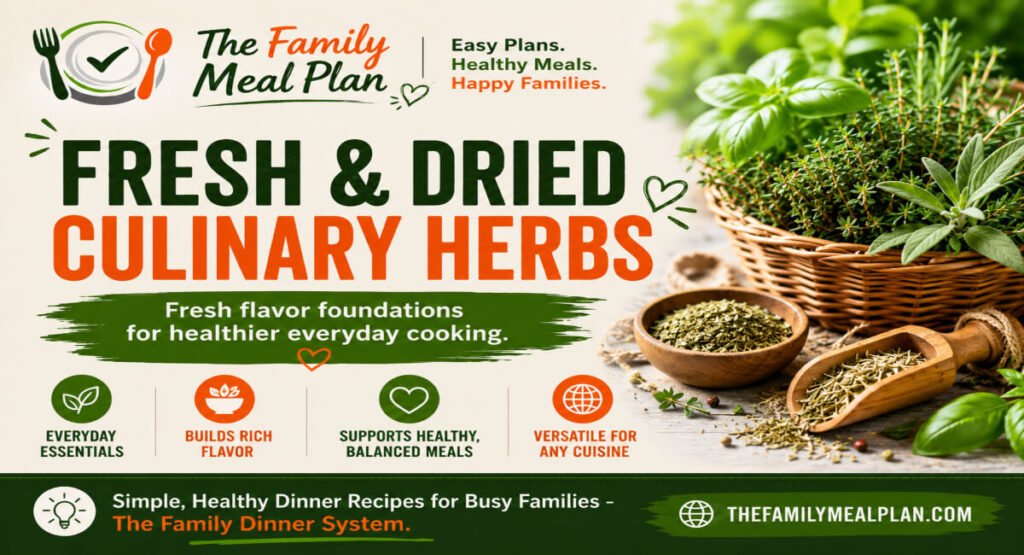 Fresh and dried culinary herbs arranged beside bold editorial text promoting healthier everyday cooking and ingredient-focused meal planning.