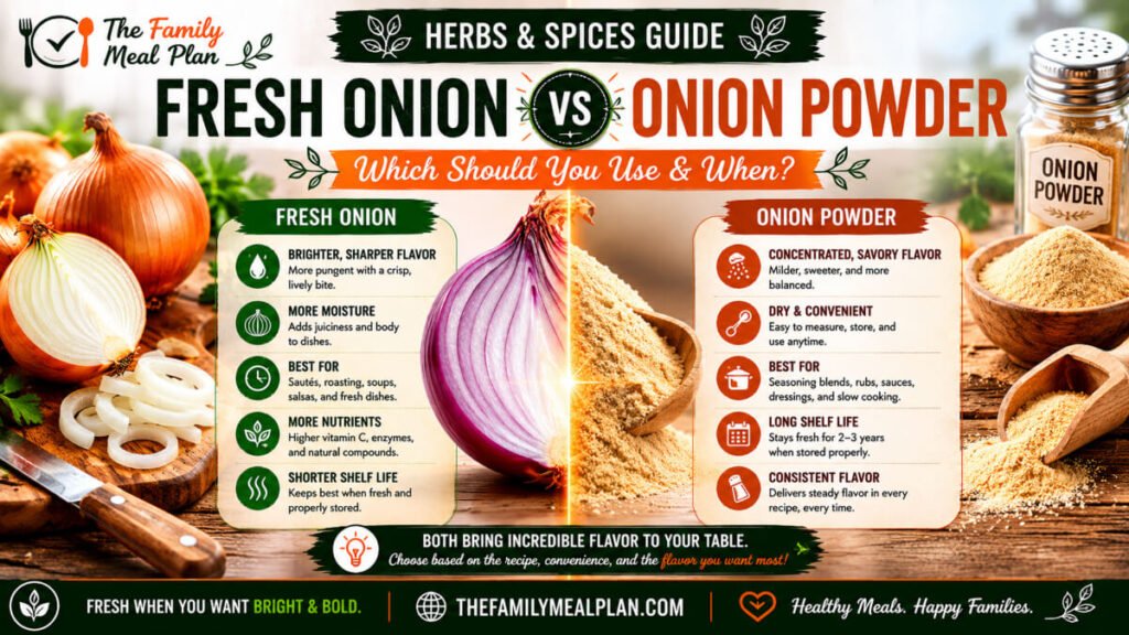 Fresh onion vs onion powder comparison infographic showing differences in flavor, moisture content, texture, convenience, shelf life, and best cooking uses.