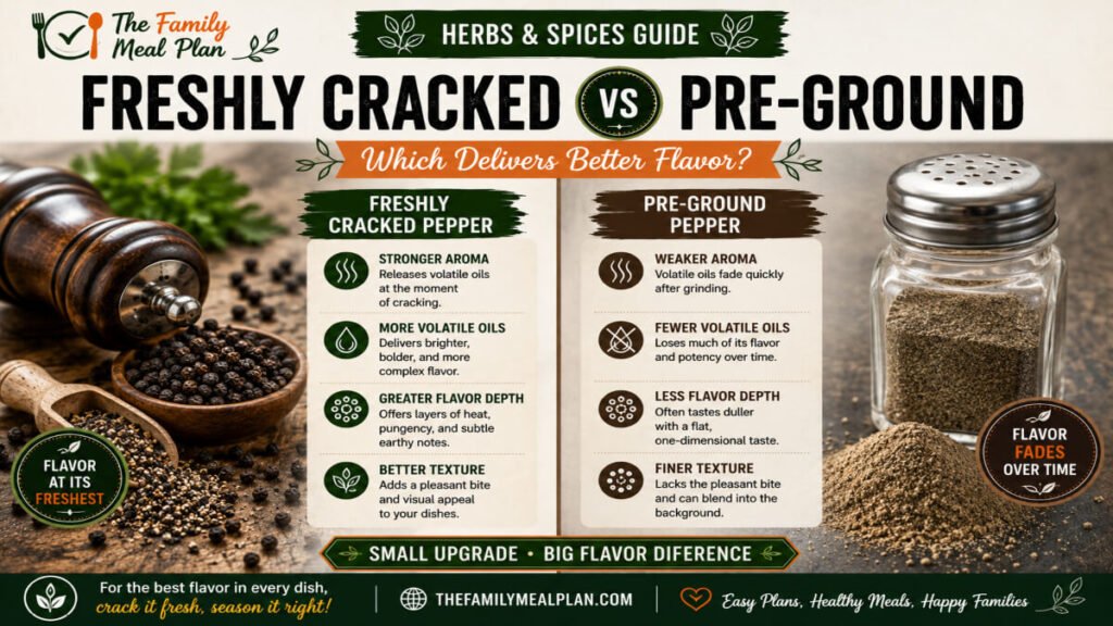 Comparison of freshly cracked black pepper and pre-ground pepper showing differences in aroma, flavor, texture, and freshness.