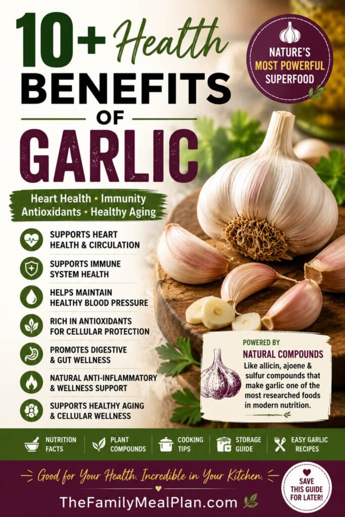 10+ health benefits of garlic including heart health, immune support, antioxidants, healthy circulation, nutrition facts, and wellness-focused cooking uses.