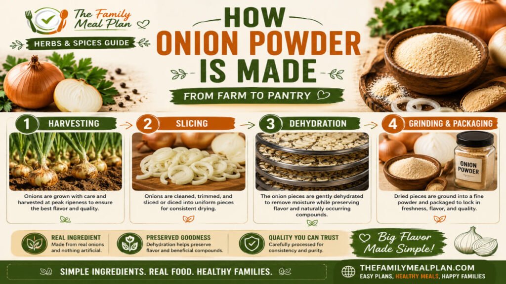 Educational infographic showing how onion powder is made, including harvesting onions, slicing, dehydration, grinding, and packaging into a shelf-stable seasoning.
