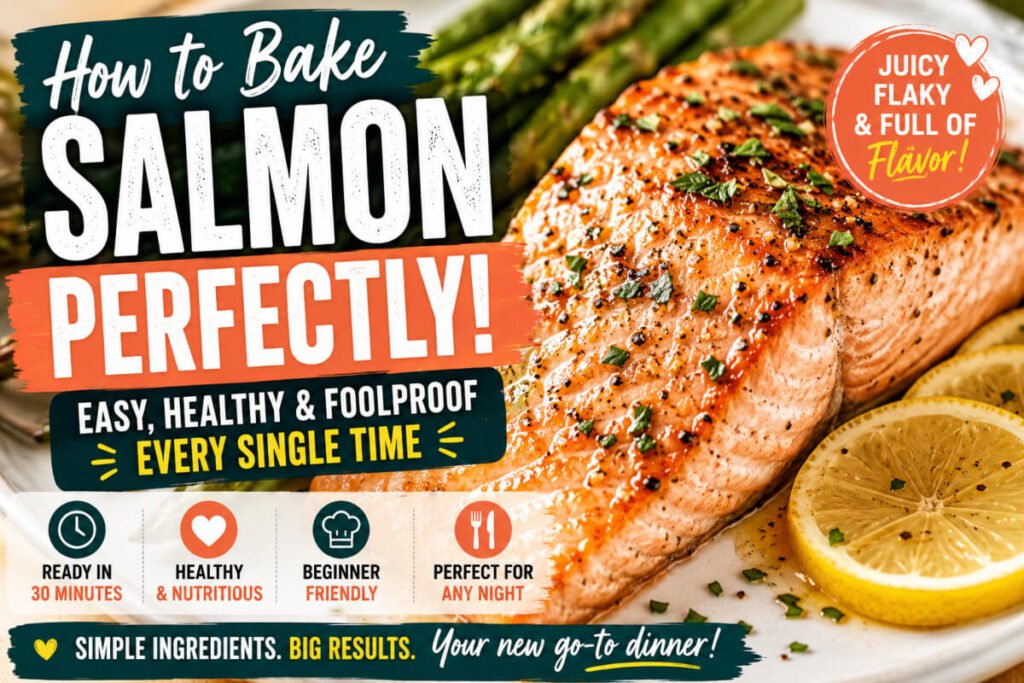 Perfect baked salmon fillet with lemon and herbs showing flaky texture – how to bake salmon perfectly guide