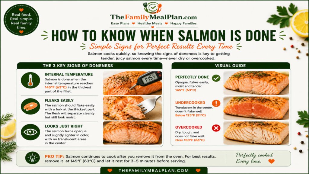 How to tell when salmon is fully cooked including internal temperature, flaking texture, and visual doneness signs