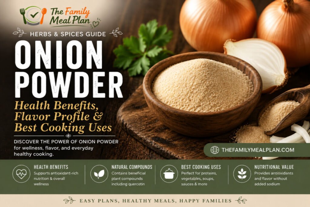 Wooden bowl of onion powder surrounded by fresh onions illustrating onion powder health benefits, flavor profile, nutrition, and cooking uses.