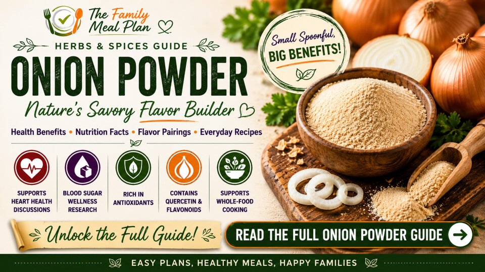Onion powder health benefits summary guide infographic featuring heart health discussions, blood sugar wellness research, antioxidants, quercetin, flavonoids, nutrition facts, flavor pairings, and healthy cooking applications.