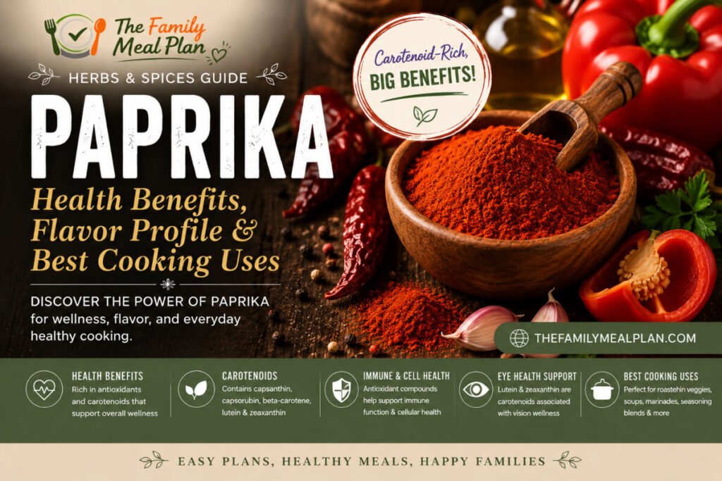 Paprika health benefits guide featuring antioxidant-rich carotenoids, capsanthin, lutein, zeaxanthin, immune wellness support, eye health nutrition, and healthy cooking uses.