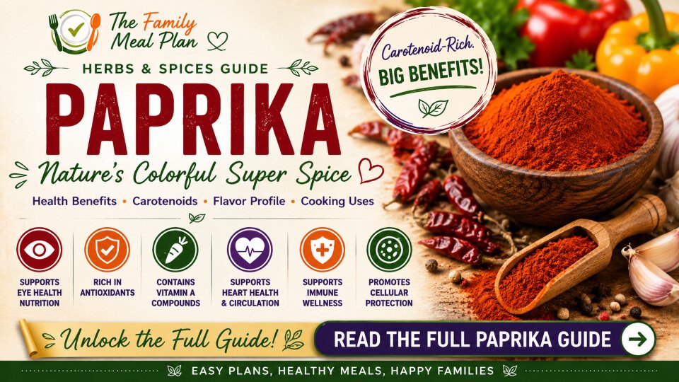 Paprika health benefits summary guide featuring antioxidant-rich carotenoids, vitamin A compounds, eye health nutrition, heart health support, immune wellness, and flavor profile information.