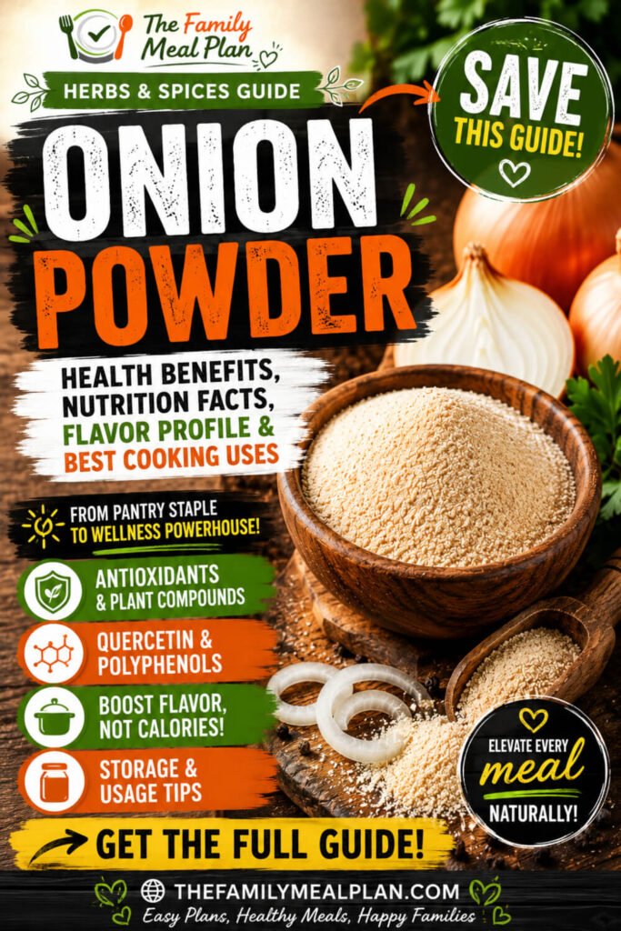 Pinterest save guide featuring onion powder health benefits, nutrition facts, flavor profile, cooking uses, and storage recommendations.