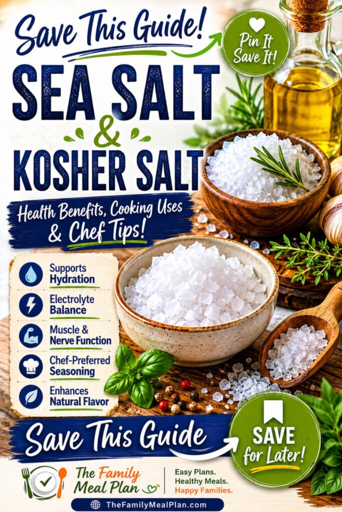 Pinterest-style guide image featuring sea salt and kosher salt health benefits, hydration support, electrolyte balance, cooking uses, seasoning tips, and chef-preferred seasoning techniques.