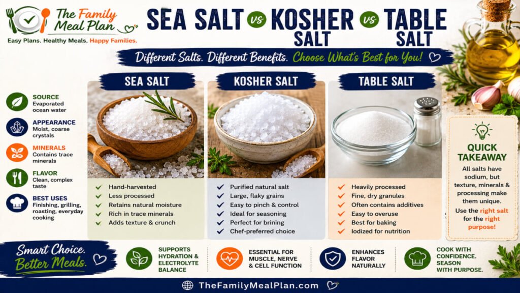 Comparison infographic showing the differences between sea salt, kosher salt, and table salt including source, texture, minerals, flavor, and best cooking uses.