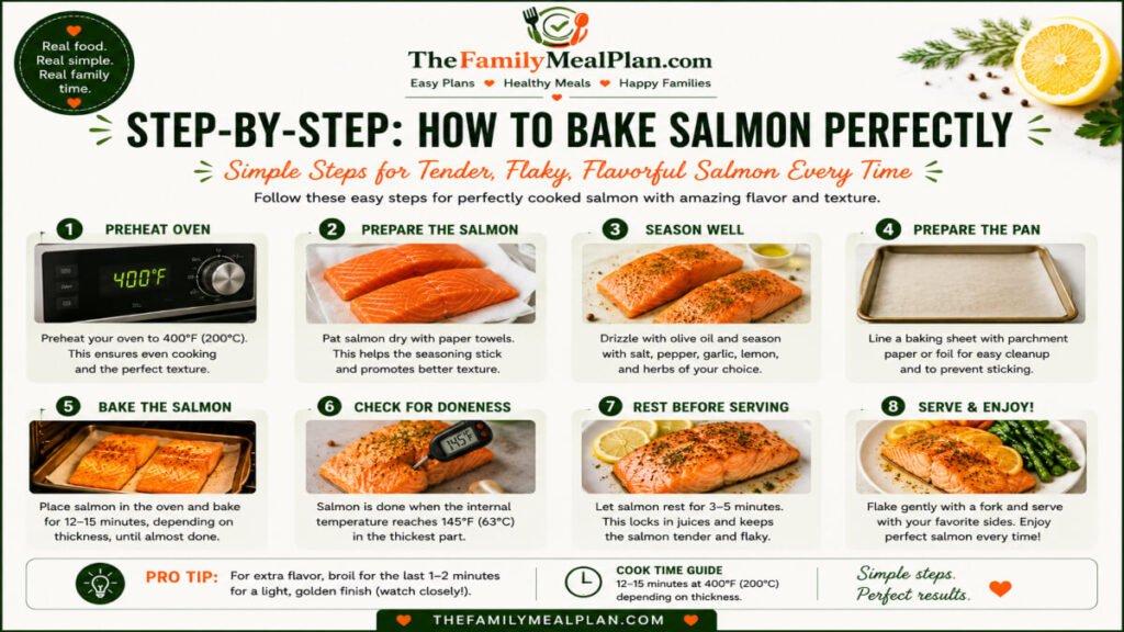 Step by step guide showing how to bake salmon perfectly including preheating, seasoning, baking time, and checking doneness