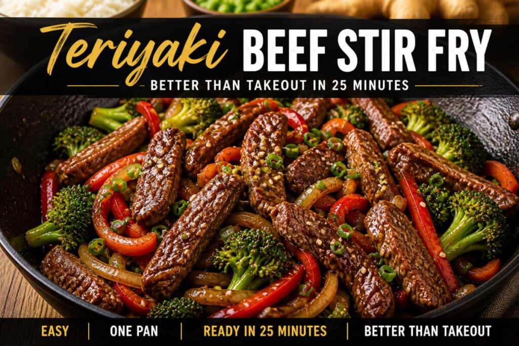 Teriyaki beef stir fry with vegetables in a skillet quick one pan dinner