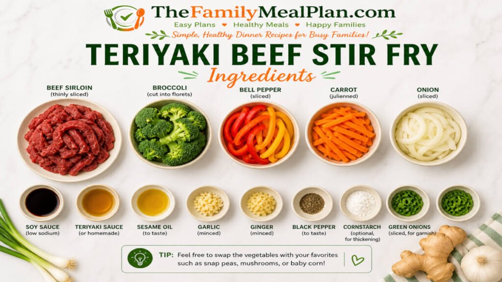 Teriyaki beef stir fry ingredients including sliced beef broccoli bell peppers carrots garlic ginger and sauce