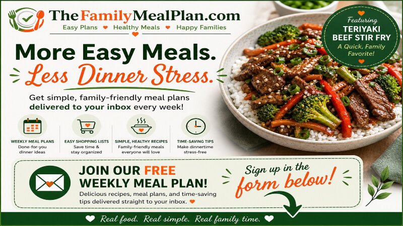 Free weekly meal plan signup with teriyaki beef stir fry dinner idea and family-friendly recipes