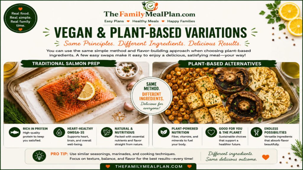 vegan and plant based alternatives for salmon including tofu chickpeas mushrooms and cauliflower with ingredient swap ideas