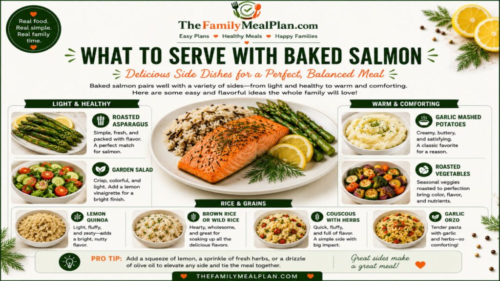 What to serve with baked salmon including healthy sides like asparagus, salad, rice, quinoa, and roasted vegetables