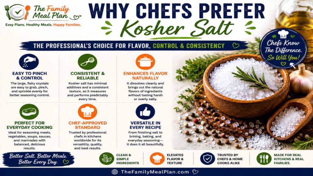 Infographic explaining why chefs prefer kosher salt, including seasoning control, consistent crystal size, flavor enhancement, versatility, and professional cooking applications.