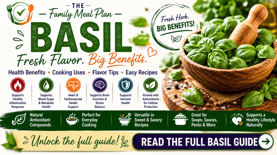 Fresh basil leaves with health benefits, cooking uses, antioxidant compounds, and flavor guide from The Family Meal Plan.