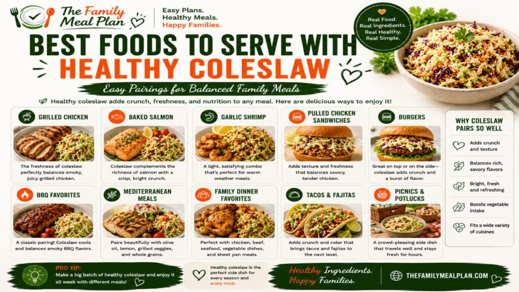 Best foods to serve with healthy coleslaw including grilled chicken, salmon, shrimp, pulled chicken sandwiches, burgers, barbecue meals, tacos, and Mediterranean-inspired dishes.