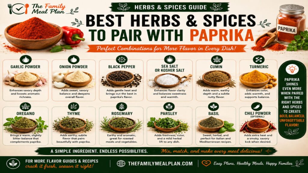 Best herbs and spices to pair with paprika including garlic powder, onion powder, black pepper, sea salt, cumin, turmeric, oregano, thyme, rosemary, parsley, basil, and chili powder.