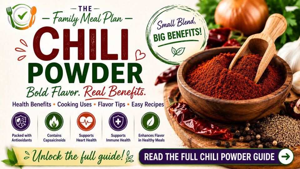 Chili powder health benefits summary guide featuring capsaicinoids, antioxidant compounds, flavor-enhancing properties, cooking uses, and link to the complete Chili Powder guide.