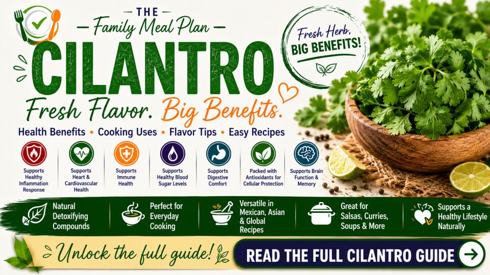Fresh cilantro health benefits guide featuring antioxidant-rich compounds, cooking uses, flavor tips, easy recipes, and wellness benefits from The Family Meal Plan.
