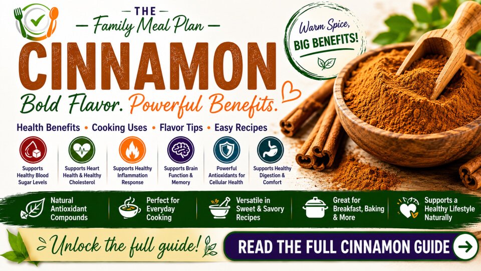 Cinnamon health benefits summary guide featuring blood sugar support, heart health, antioxidants, brain health, digestion, and everyday cooking uses.