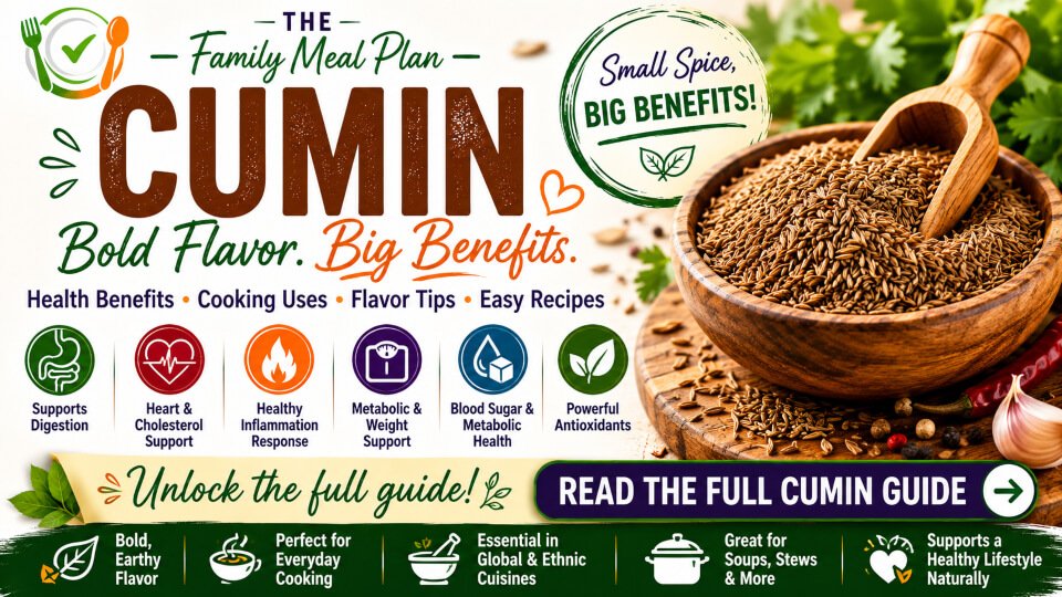 Cumin health benefits guide featuring digestive health, heart health, antioxidants, and cooking uses.