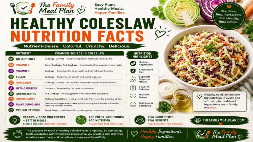 Healthy coleslaw nutrition facts guide showing fiber, vitamin C, vitamin K, folate, antioxidants, beta-carotene, anthocyanins, and nutrient-dense ingredients commonly found in healthy coleslaw.