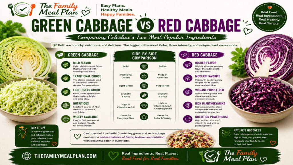 Green cabbage vs red cabbage comparison guide showing differences in flavor, color, nutrition, texture, anthocyanins, and coleslaw uses.