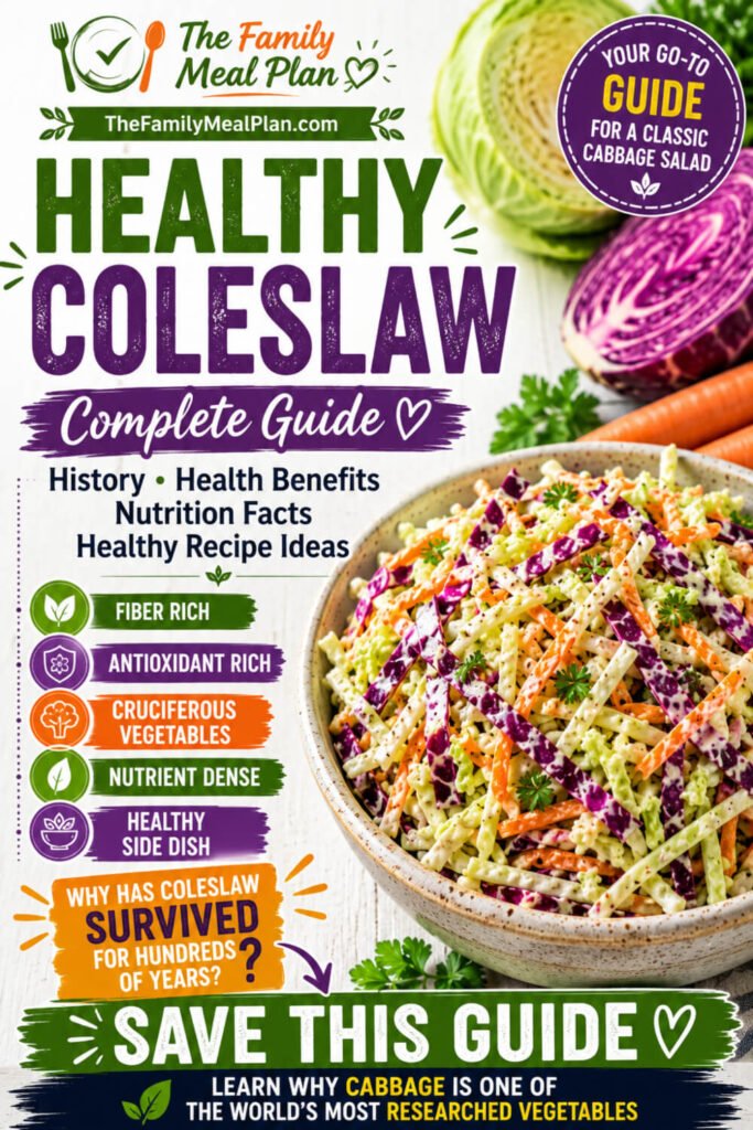 Healthy coleslaw Pinterest guide featuring cabbage, health benefits, nutrition facts, cruciferous vegetables, and healthy recipe ideas.