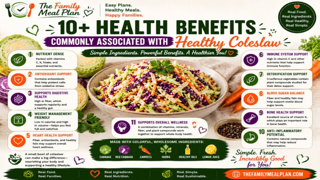 Healthy coleslaw health benefits guide featuring cabbage, red cabbage, carrots, fiber, antioxidants, vitamins, digestive wellness, heart-conscious nutrition, and overall wellness support.