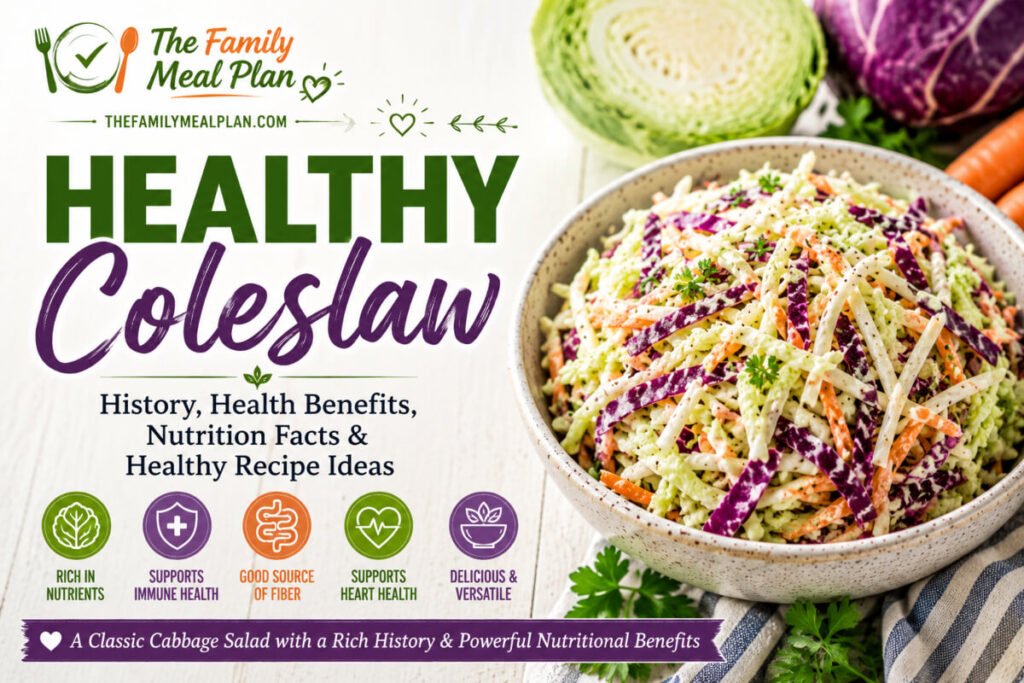 Healthy coleslaw guide featuring green cabbage, red cabbage, carrots, nutrition facts, health benefits, coleslaw history, and healthy recipe ideas.