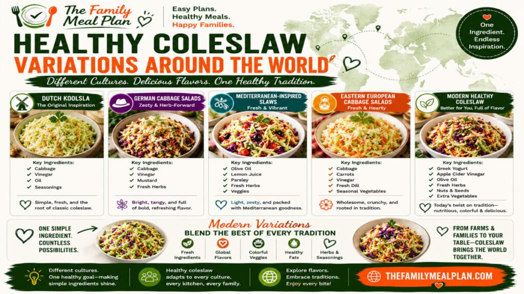 Healthy coleslaw variations from around the world featuring Dutch koolsla, German cabbage salads, Mediterranean-inspired slaws, Eastern European cabbage salads, and modern healthy coleslaw recipes.