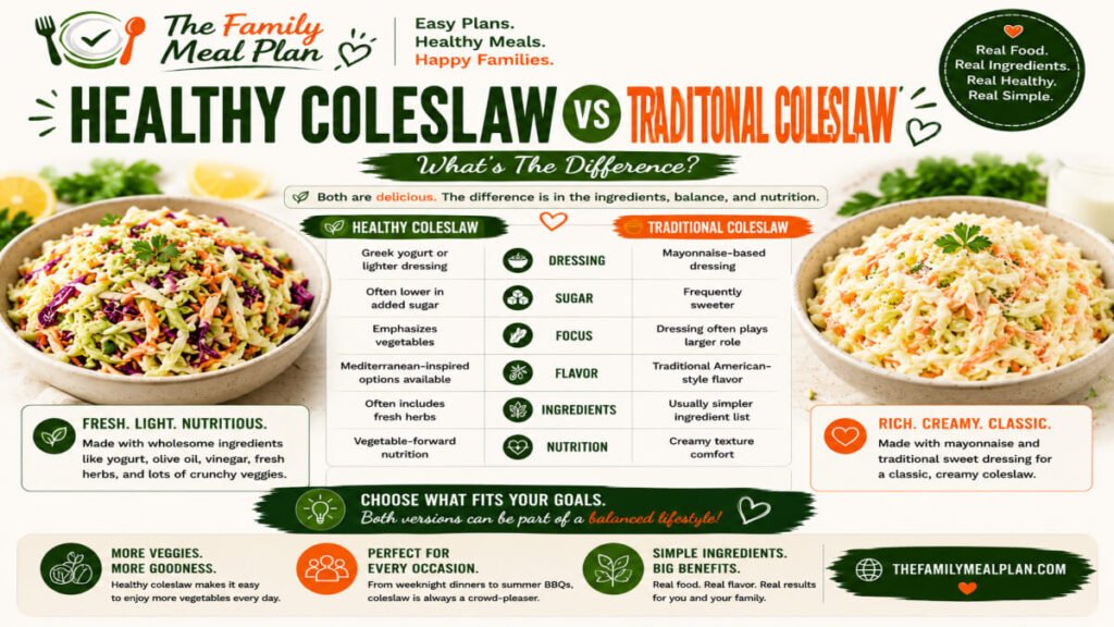 Comparison guide showing the differences between healthy coleslaw and traditional coleslaw, including ingredients, nutrition, dressing options, and preparation styles.