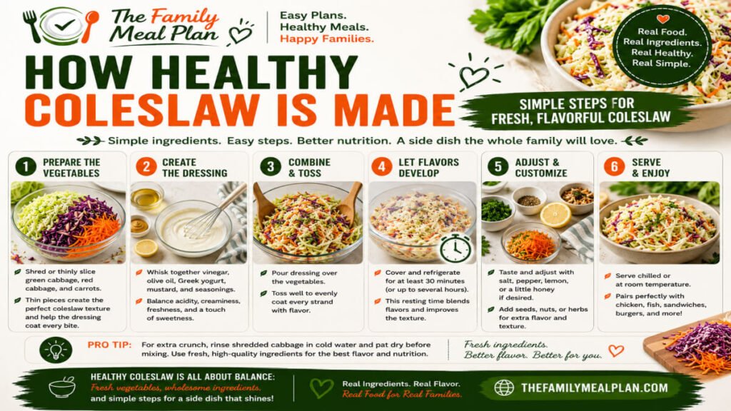 Step-by-step guide showing how healthy coleslaw is made using cabbage, carrots, Greek yogurt, olive oil, vinegar, and fresh ingredients.