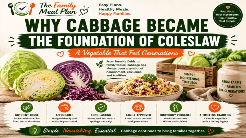 Guide explaining why cabbage became the foundation of coleslaw, featuring green cabbage, red cabbage, shredded cabbage, and the history of this nutrient-dense vegetable.