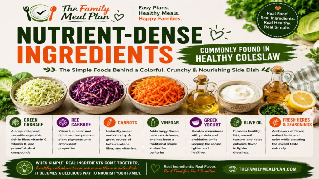Nutrient-dense ingredients commonly found in healthy coleslaw including green cabbage, red cabbage, carrots, vinegar, Greek yogurt, olive oil, and fresh herbs.