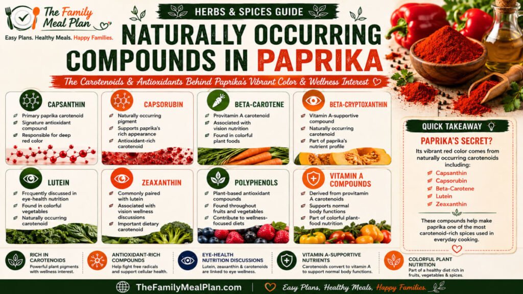 Paprika compound guide featuring capsanthin, capsorubin, beta-carotene, beta-cryptoxanthin, lutein, zeaxanthin, and antioxidant-rich plant compounds.