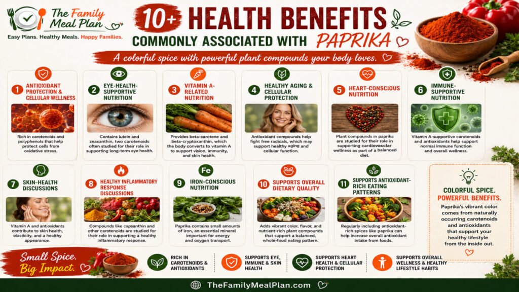 Paprika health benefits infographic featuring carotenoids, antioxidants, eye health nutrients, vitamin A compounds, and wellness-focused nutrition benefits.