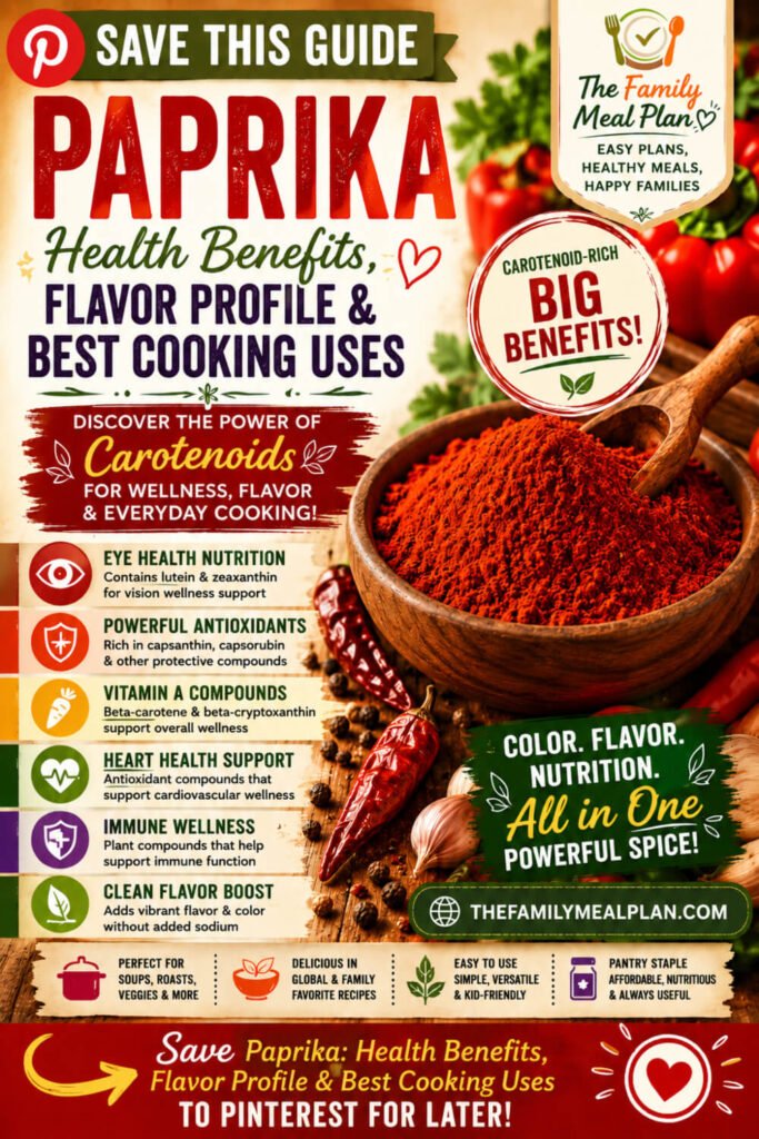Paprika health benefits Pinterest guide featuring carotenoids, antioxidants, vitamin A compounds, eye health nutrition, and cooking uses.