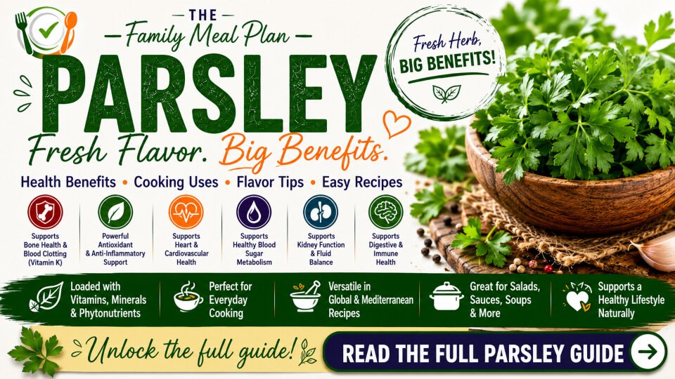 Parsley health benefits guide featuring vitamin K, antioxidants, cardiovascular wellness, healthy blood sugar metabolism, kidney support, digestive health, and everyday cooking uses.
