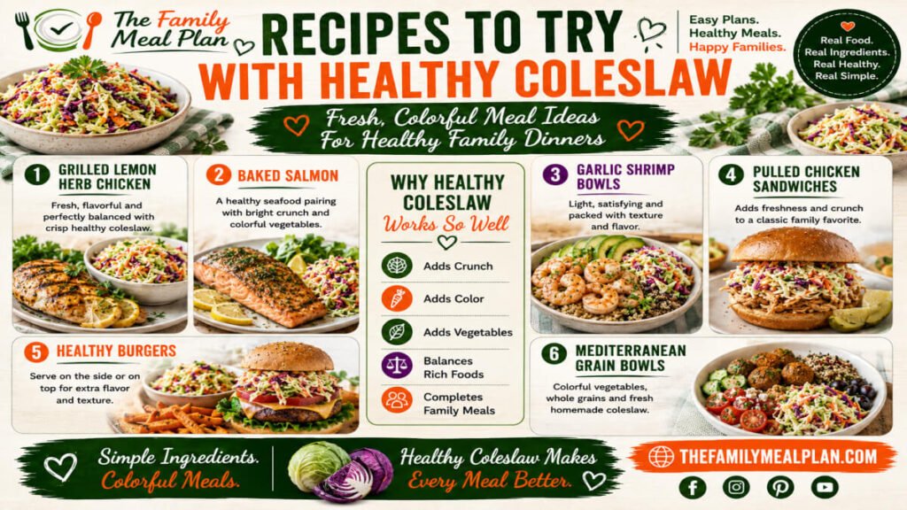 Recipe ideas featuring healthy coleslaw including grilled lemon herb chicken, baked salmon, garlic shrimp bowls, pulled chicken sandwiches, healthy burgers, and Mediterranean grain bowls.