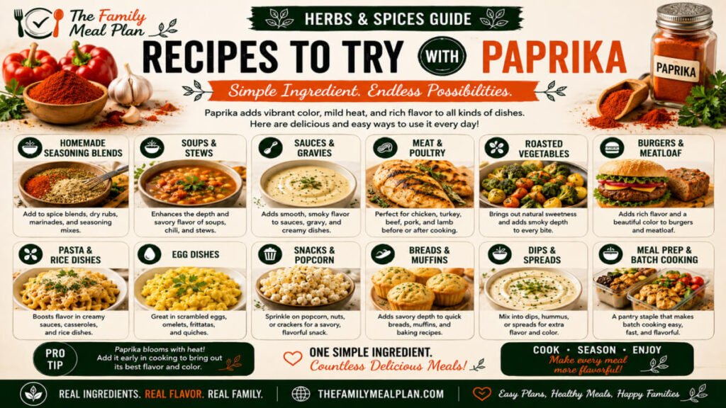 Recipes to try with paprika including seasoning blends, soups, sauces, poultry, roasted vegetables, pasta dishes, egg recipes, snacks, dips, and meal prep meals.