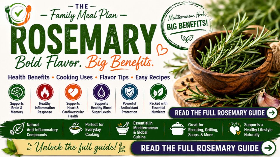 Rosemary health benefits guide featuring brain health, inflammation support, heart health, blood sugar wellness, antioxidant benefits, cooking uses, and easy family recipes.