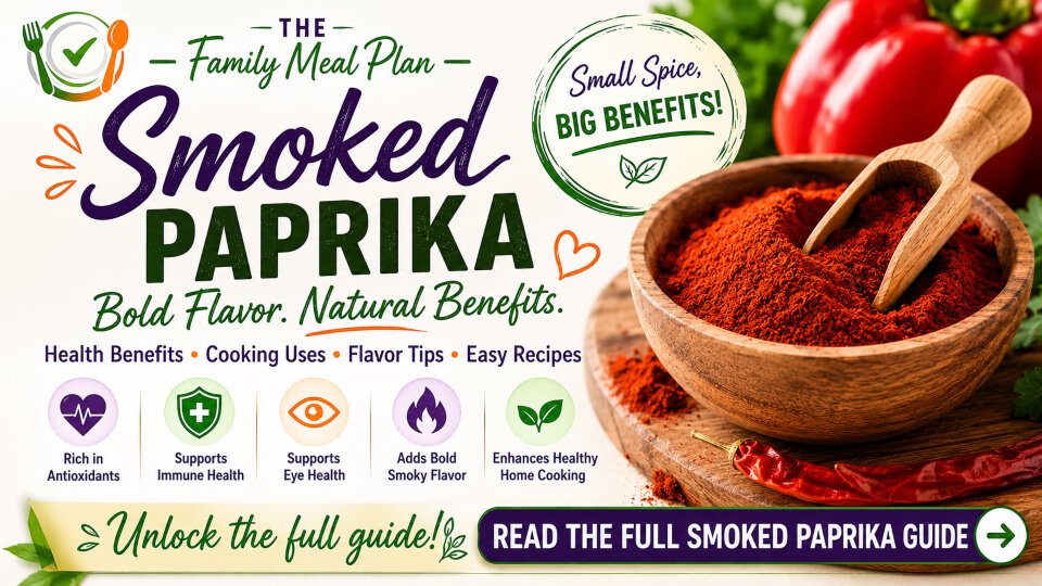 Smoked paprika health benefits summary guide featuring antioxidant compounds, eye health support, smoky flavor benefits, cooking uses, and link to the complete Smoked Paprika guide.