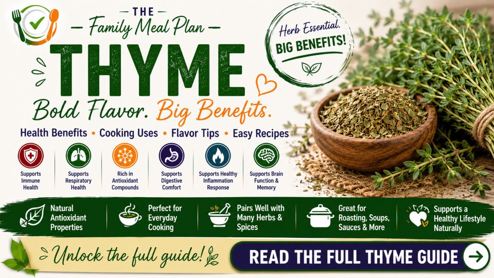 Thyme health benefits summary guide featuring antioxidant compounds, cooking uses, and healthy recipe inspiration.