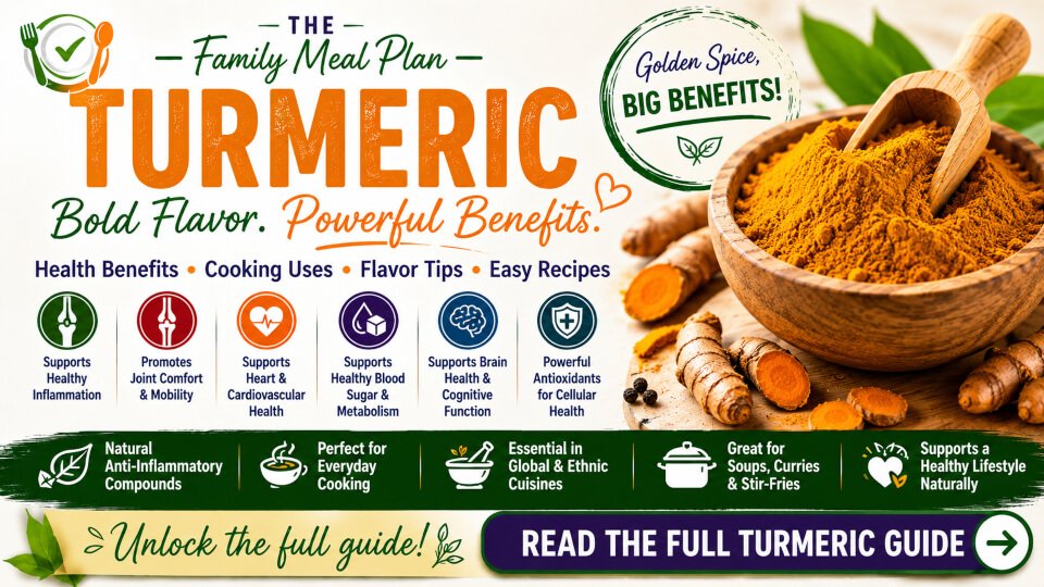 Turmeric health benefits summary guide featuring inflammation support, joint comfort, heart health, blood sugar support, brain health, antioxidants, cooking uses, and a link to the complete turmeric guide.