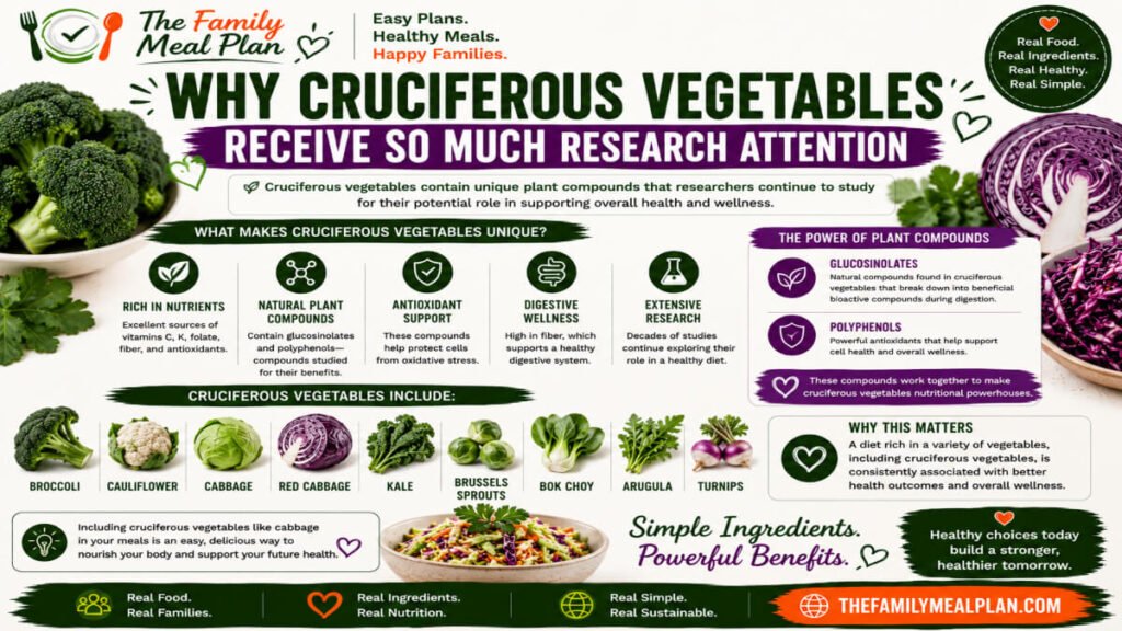 Educational guide explaining why cruciferous vegetables such as cabbage, broccoli, cauliflower, kale, Brussels sprouts, bok choy, and arugula receive significant nutrition and wellness research attention.